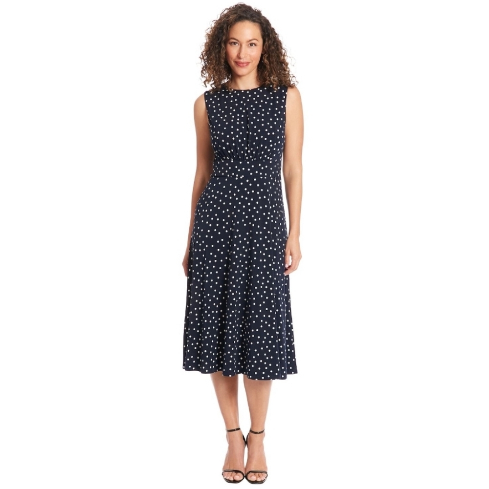 London Times Navy Blue Dot Sleeveless Inset Waist Midi Dress